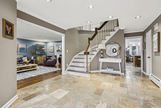 foyer featuring recessed lighting, baseboards, ornamental molding, stairway, and stone tile flooring