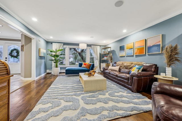 living room featuring baseboards, ornamental molding, dark wood finished floors, and recessed lighting