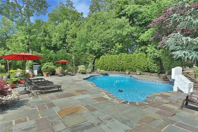 pool with a patio