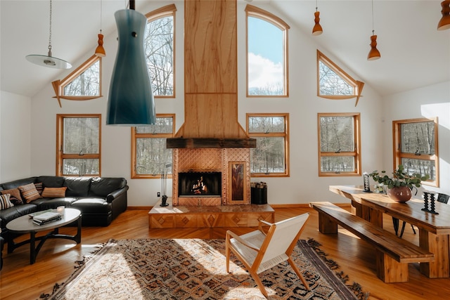 living room featuring wood-type flooring, a fireplace, and high vaulted ceiling