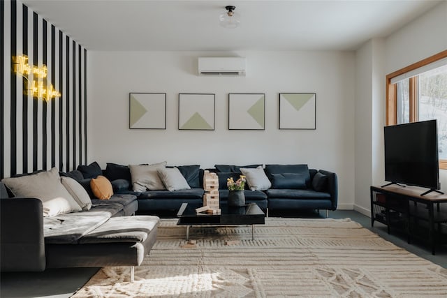 carpeted living room with a wall mounted AC