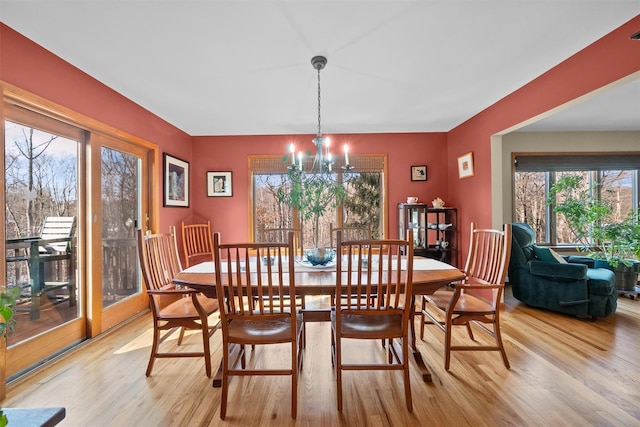 dining room with light hardwood / wood-style floors and a chandelier