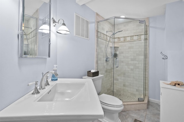 bathroom featuring tile patterned floors, vanity, toilet, and a shower with door