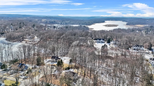 snowy aerial view featuring a mountain view