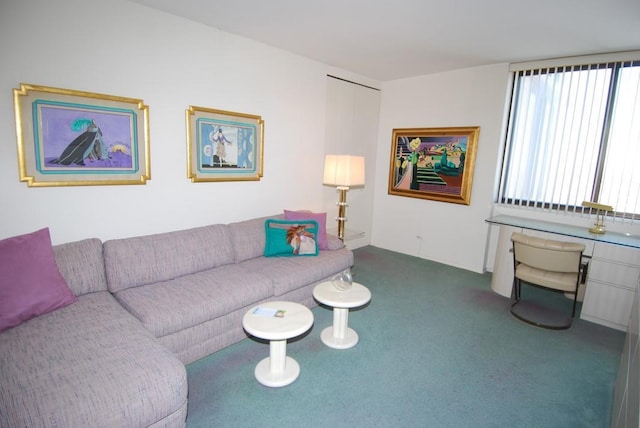 living room featuring dark colored carpet