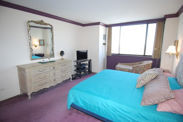 carpeted bedroom featuring ornamental molding