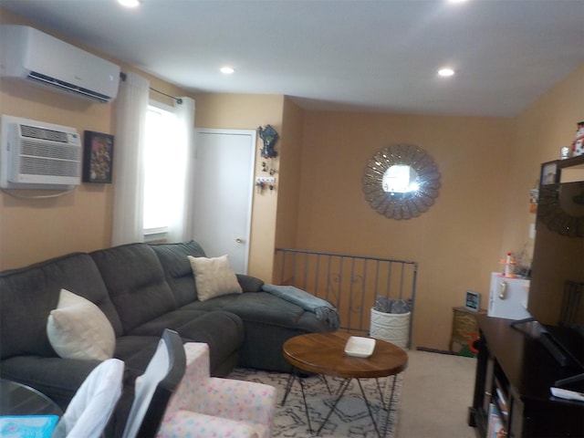 living room with light carpet and a wall unit AC