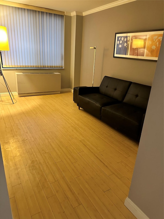 living room featuring ornamental molding and light wood-type flooring