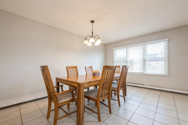 tiled dining space featuring a chandelier and a baseboard radiator