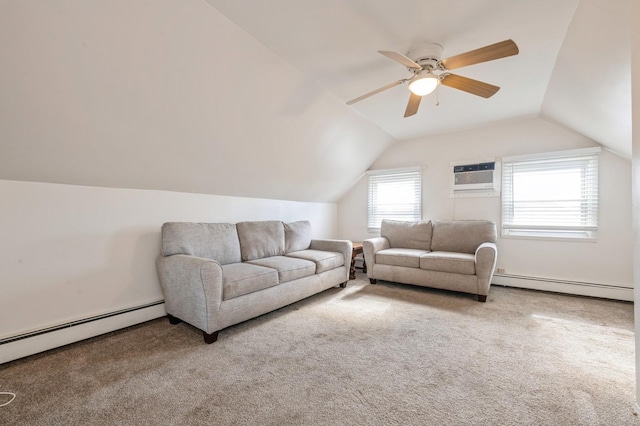 living room with carpet, lofted ceiling, an AC wall unit, and baseboard heating