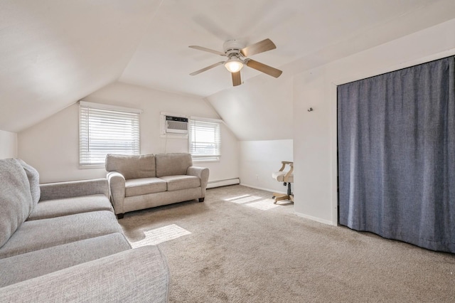 living room with lofted ceiling, a wall mounted air conditioner, light colored carpet, ceiling fan, and a baseboard radiator