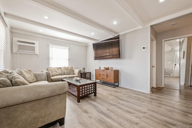 living room featuring ornamental molding, beamed ceiling, a wall mounted air conditioner, and light hardwood / wood-style floors