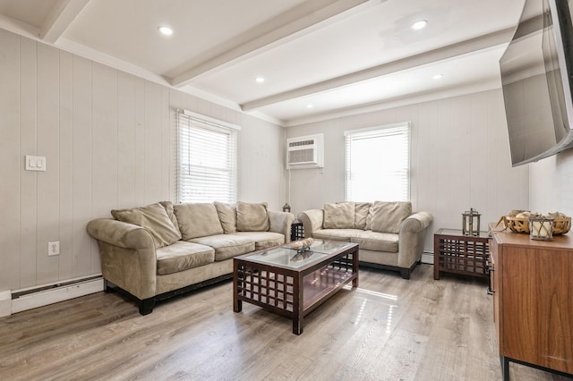 living room featuring a wall mounted AC, beam ceiling, hardwood / wood-style floors, and baseboard heating