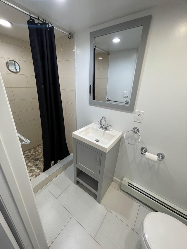 64-18 84th Pl, Middle Village, NY 11379 - full bathroom with baseboard heating, a shower stall, toilet, vanity, and tile patterned flooring