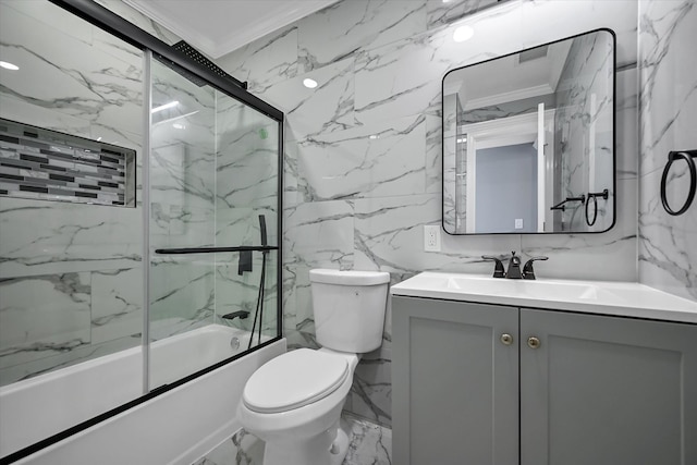 full bathroom with vanity, crown molding, shower / bath combination with glass door, and toilet