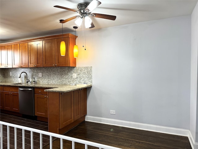 143-50 Hoover Ave Unit 204, Briarwood, NY 11435 - kitchen featuring brown cabinets, a ceiling fan, backsplash, stainless steel dishwasher, and baseboards