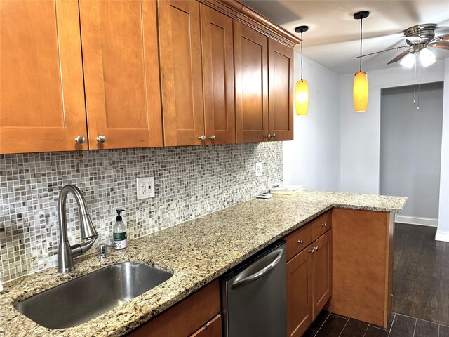 143-50 Hoover Ave Unit 204, Briarwood, NY 11435 - kitchen featuring dark wood-type flooring, a ceiling fan, a sink, light stone counters, and dishwasher