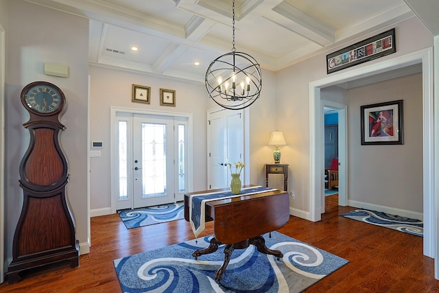 entryway featuring coffered ceiling, beamed ceiling, an inviting chandelier, and dark hardwood / wood-style flooring