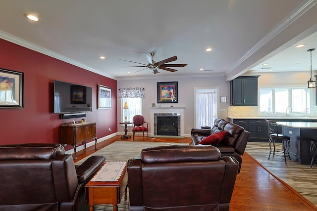 living room with a premium fireplace, crown molding, and wood-type flooring