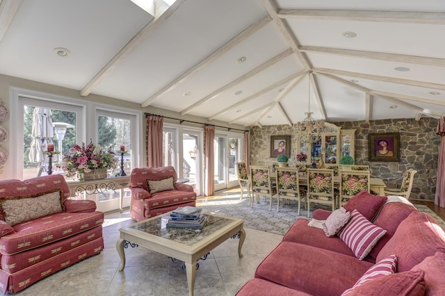 living room featuring vaulted ceiling with beams