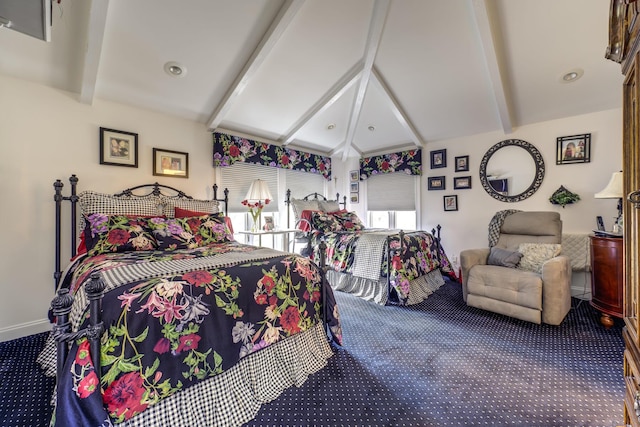 carpeted bedroom with lofted ceiling with beams