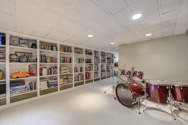 121 Laurel Ln, Laurel Hollow, NY 11791 - recreation room with carpet floors, recessed lighting, and built in shelves