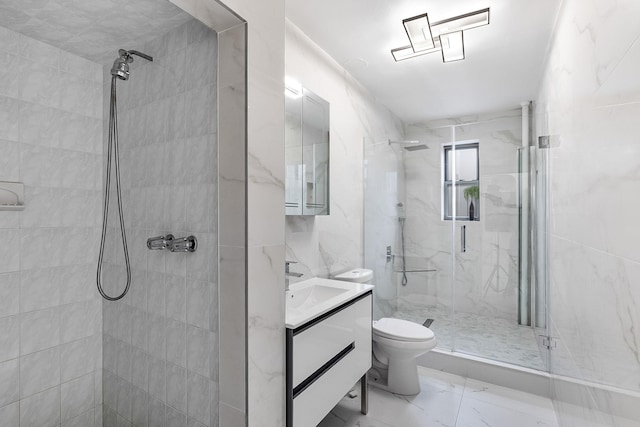 bathroom with vanity, toilet, and a shower with shower door