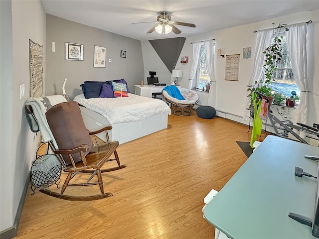 bedroom with ceiling fan and light hardwood / wood-style flooring