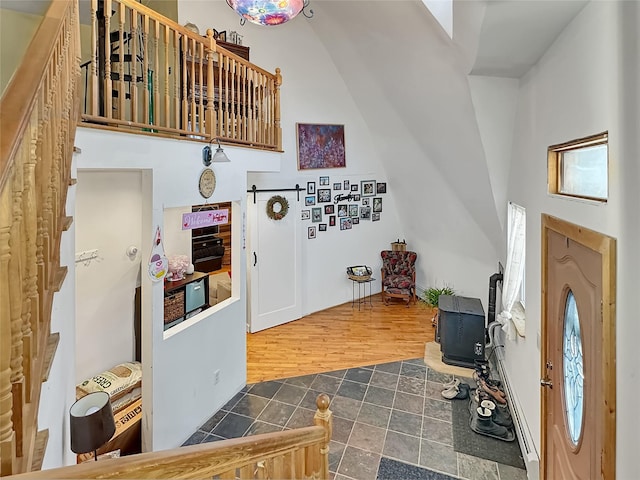 foyer entrance with dark hardwood / wood-style flooring and a towering ceiling