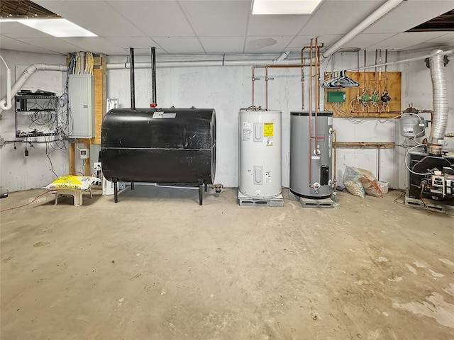 utility room featuring electric water heater, electric panel, and water heater