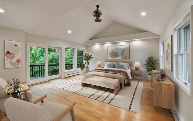 bedroom with a baseboard radiator, lofted ceiling, light wood-type flooring, and access to outside