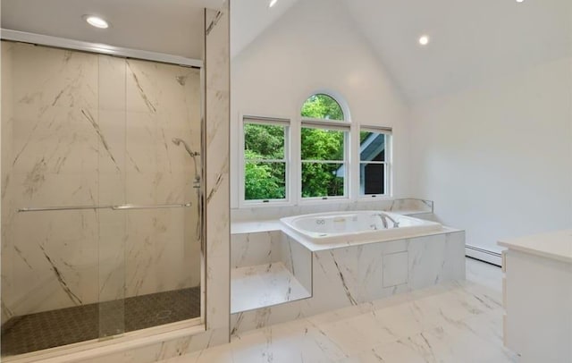 bathroom featuring a baseboard radiator, vaulted ceiling, and plus walk in shower