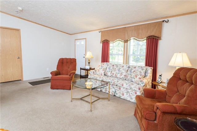 living room featuring ornamental molding, a textured ceiling, and carpet flooring