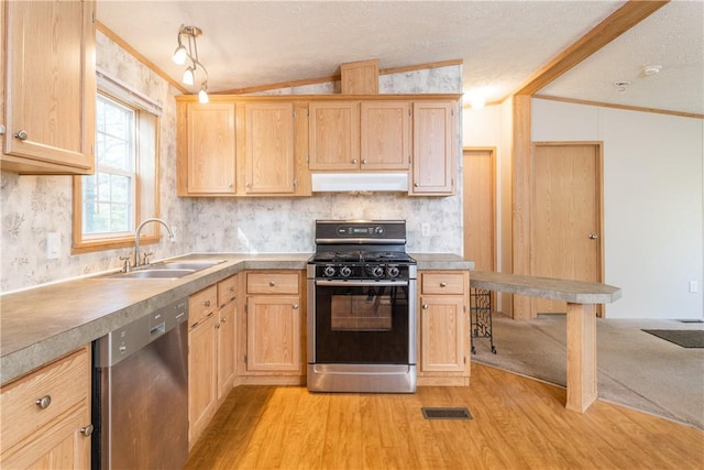 kitchen with dishwasher, vaulted ceiling, sink, and gas range oven