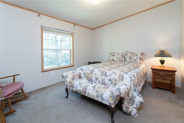 carpeted bedroom with crown molding and a textured ceiling