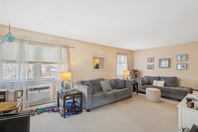 carpeted living room with baseboard heating and a wall mounted AC