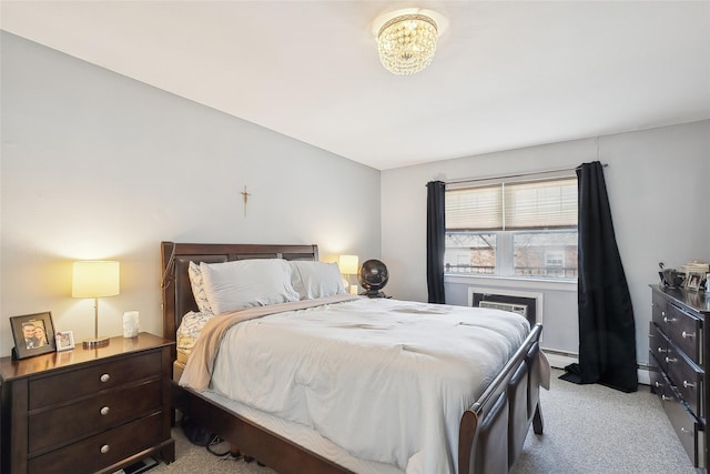 bedroom featuring a wall unit AC, a baseboard radiator, and light colored carpet