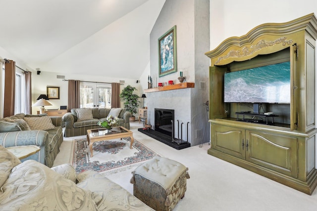 living room featuring light carpet, high vaulted ceiling, and french doors