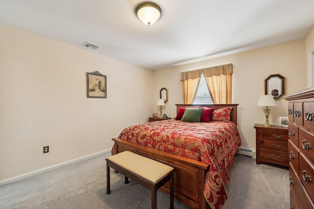 bedroom with light carpet and a baseboard radiator