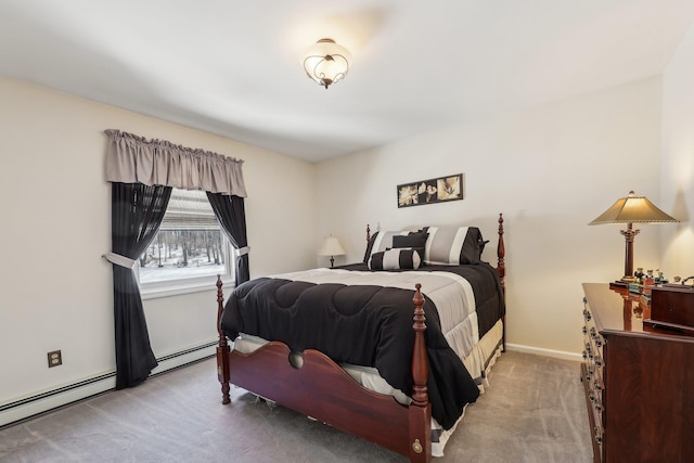 carpeted bedroom with a baseboard radiator