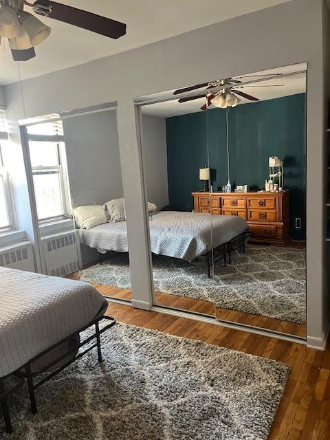 bedroom with ceiling fan, wood-type flooring, and two closets