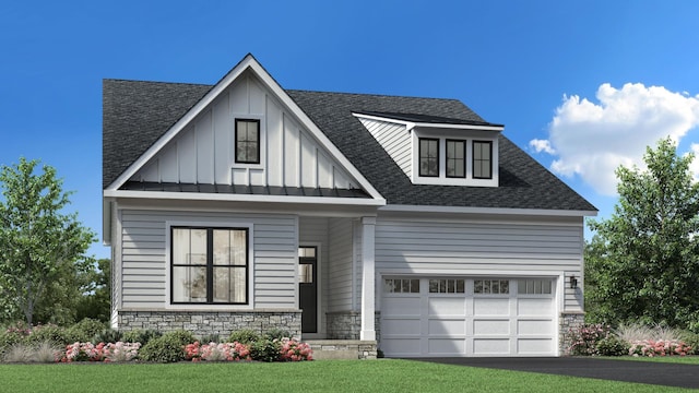 view of front of home featuring a garage, stone siding, roof with shingles, and aphalt driveway