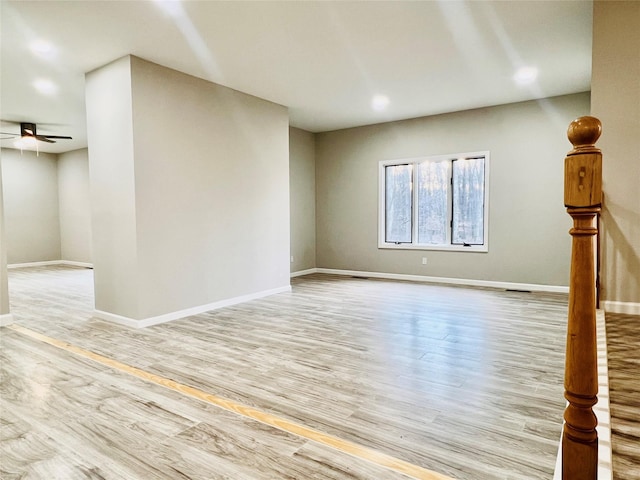 unfurnished living room featuring ceiling fan and light hardwood / wood-style flooring