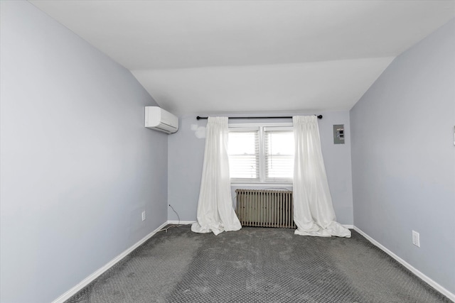 carpeted spare room with lofted ceiling, a wall mounted air conditioner, and radiator