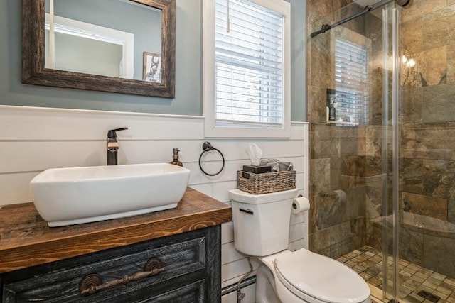 bathroom with vanity, an enclosed shower, and toilet