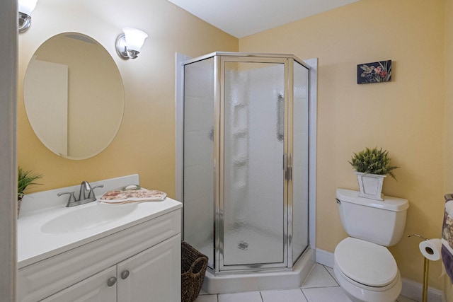 bathroom featuring tile patterned floors, toilet, a shower with door, and vanity