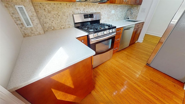 kitchen featuring backsplash, appliances with stainless steel finishes, sink, and light wood-type flooring