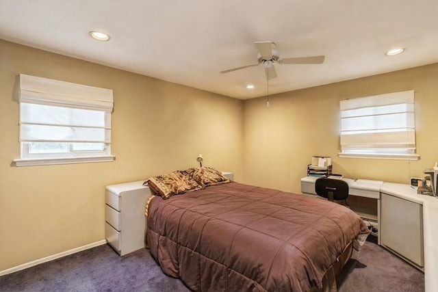 carpeted bedroom featuring ceiling fan