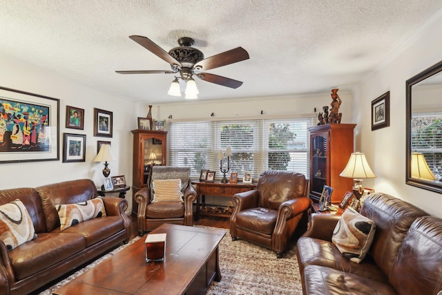 living room featuring a textured ceiling, wood-type flooring, and ceiling fan