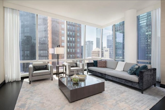 living room featuring floor to ceiling windows and hardwood / wood-style floors